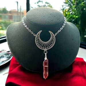 Up side down crecent moon lunula red aura blood crystal quartz necklace